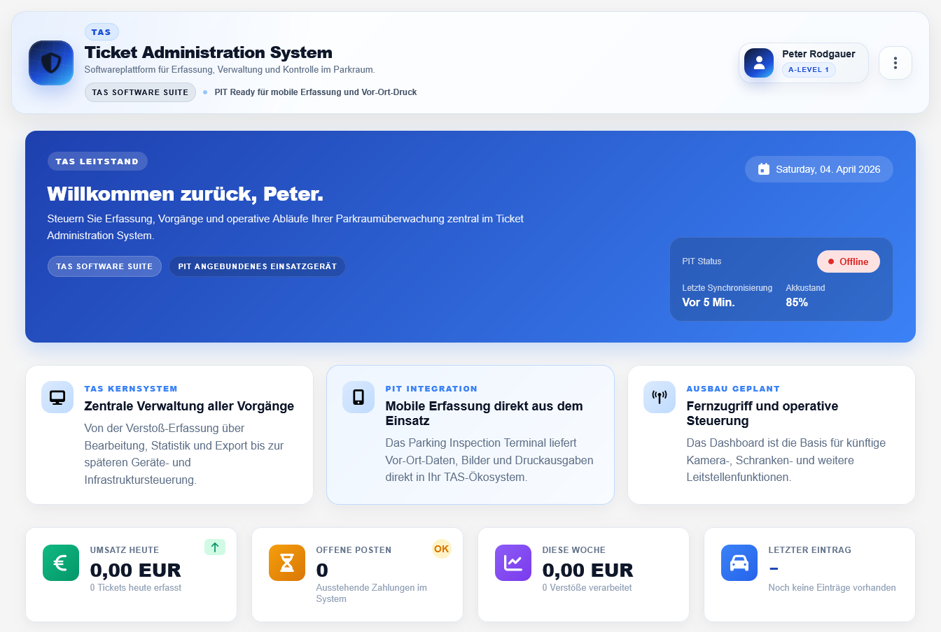 TAS SoftwareoberflÃ¤che mit PIT und Ticketprozess